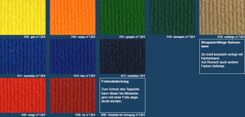 Ripsteppichboden farbig mieten Messestand Ripsteppiche farbig